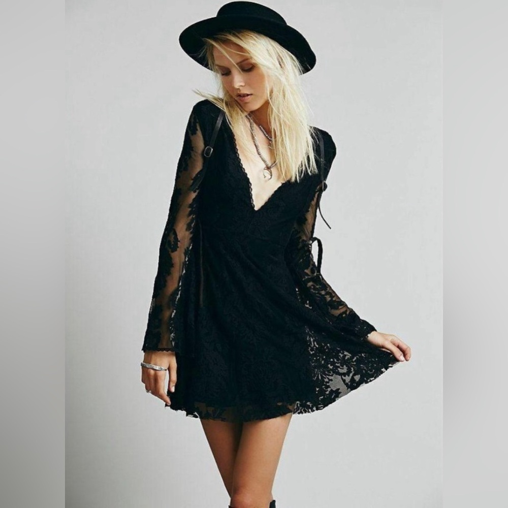 Free People Black Lace Reign Over Me Mini Dress